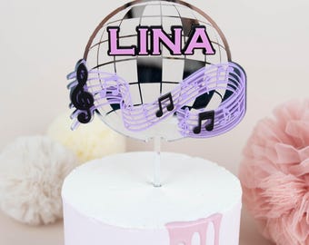 Personalized music cake topper with name, acrylic disco ball, dance party birthday, music theme party, karaoke cake topper.