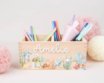 Personalized Underwater World Pen Holder, Wooden and Acrylic Desk Organizer with Name, Back to School Gift, Schoolchild Gift, School Cone, Girl