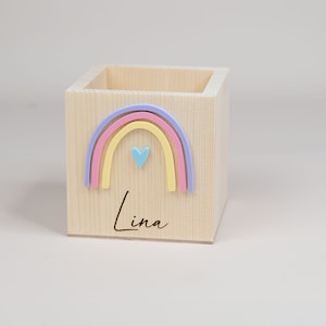 Personalisierter Stiftebecher aus Holz , Stiftehalter Regenbogen , Einschulung Geschenk,Schulkind 1 Variant