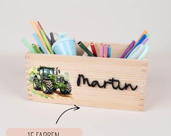 Personalized Tractor Pen Holder, Wooden and Acrylic Desk Organizer with Name, Pen Cup for First Day of School, School Gift for Boys