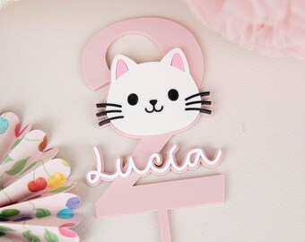 Personalized cat cake topper for a birthday, cake decoration with name & number, first birthday