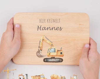 Breakfast board construction site crane excavator dump truck, wooden board with name, personalized gift birthday baptism, Christmas gift children