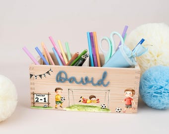 Personalized pencil holder football, desk organizer wood acrylic name, pencil cup school enrollment, gift schoolchild boys