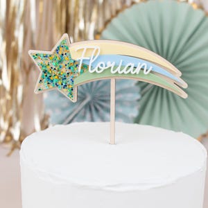 Topper per torta a forma di stella cadente, Topper per torta a forma di stella per il primo compleanno, Topper per torta con nome, Compleanno per bambino, Topper per battesimo arcobaleno