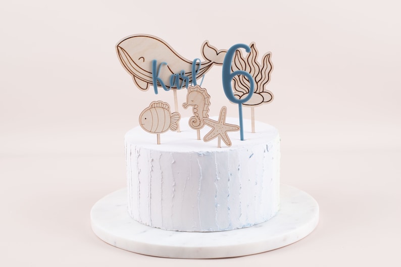 Caketopper underwater world, sea creatures whale seahorse starfish, cake topper with name, cake plug image 1