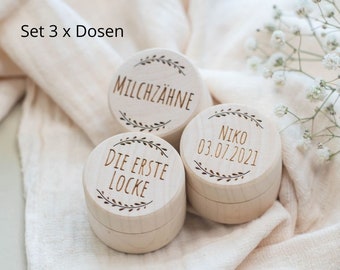 Set 3x Dosen Milchzahne , Erste Locke , Name , Zahdose, Zahndose Holz, Milchzahndose, Zähnchen,