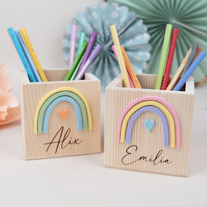 Personalized wooden pencil cup, rainbow pencil holder, school enrollment gift, schoolchild