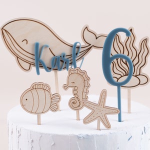 Caketopper underwater world, sea creatures whale seahorse starfish, cake topper with name, cake plug 1. Wal, Zahl ,4 Mini