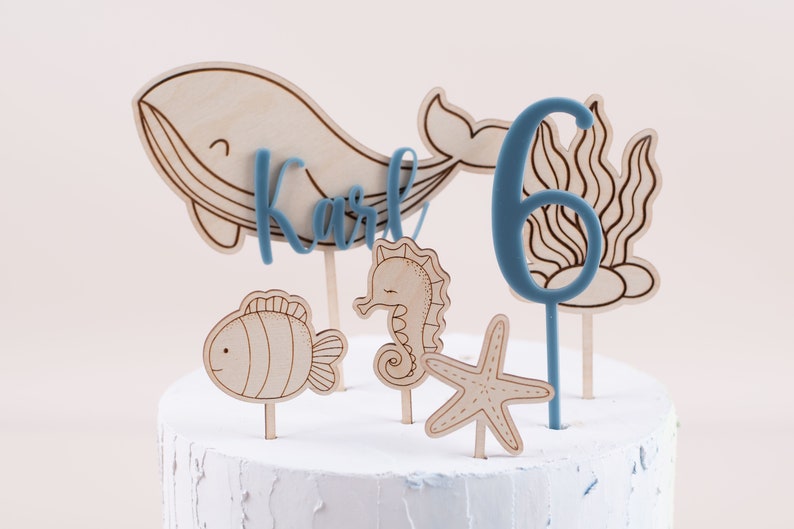 Caketopper underwater world, sea creatures whale seahorse starfish, cake topper with name, cake plug 1. Wal, Zahl ,4 Mini
