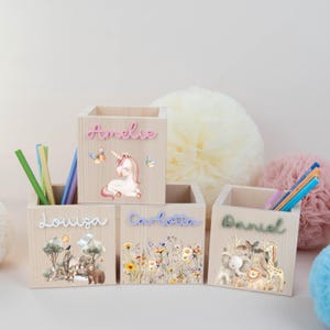 Personalized wooden pencil cup with acrylic name, rainbow pencil holder, school enrollment gift for school child, farewell gift