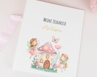 Back-to-school gift for girls, personalized report card folder with name and fairy design, schoolchild, linen ring binder, memory folder