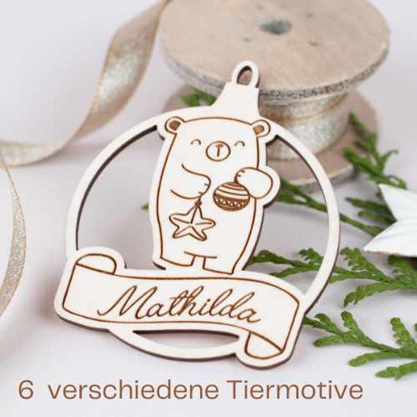 Personalisierter Weihnachtsbaum-Holzanhänger mit Tiermotiv, Christbaumschmuck mit Wunschnamen , Weihnachtskugel aus Holz