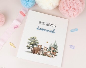 Personalized report card folder with woodland animals, back-to-school gift for boys, schoolchild, ring binder with name A4 for girls, school cone gift