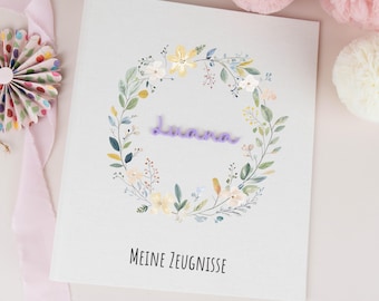 Ring binder for girls' first day of school with name, report card folder with flower wreath, report card binder DIN A4, gift for schoolchild