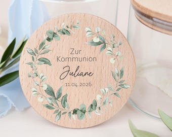 Personalized money gift jar for First Communion, storage jar with wooden lid, First Communion gift with eucalyptus wreath, Confirmation gift
