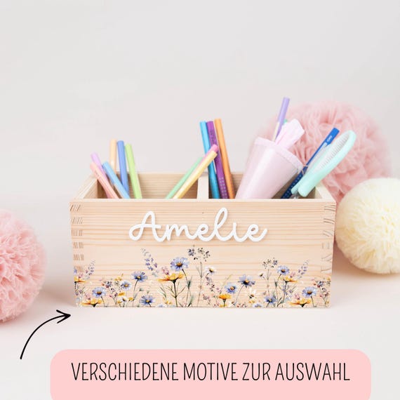 Personalisierter Stiftehalter, Schreibtisch Organizer Holz mit Acryl Namen, Stiftebecher Einschulung, Geschenk Schulkind Schultüte, Mädchen