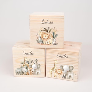 Spardose mit Namen   , Holz Spardose personalisiert , Geschenk Taufe Geburtstag , Kinder Geschenke , Weihnachtsgeschenk , Safari  Motiv