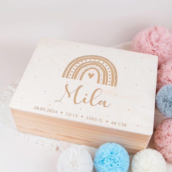 Personalized wooden rainbow box, keepsake box for baby girls, christening gift, personalized birth gift, christening gift for boys