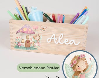 Personalized Fairy Pen Holder with Name, Wooden Desk Organizer, First Day of School Gift for Girls, School Cone Gift, Fairy World, Report Card Gift