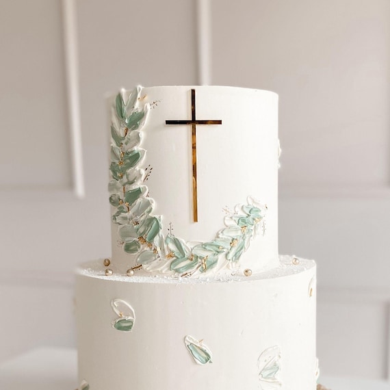 Decorazione Per Torta A Croce Con Foglie Argentate – Per Comunione, Cresima E Battesimo In Acrilico - 2
