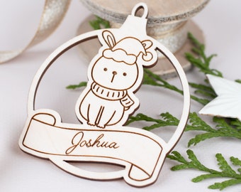 Personalized Christmas tree wooden pendant with animal motif, Christmas tree decoration with desired name, wooden Christmas ball