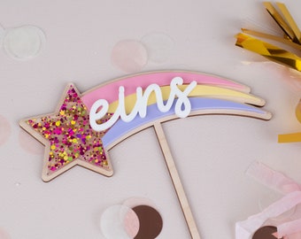 Cake Topper Sternschnuppe Eins , Cake Topper für Erster Geburtstag  , 1. Geburtstag, Tortenstecker, Bunte Kuchentopper