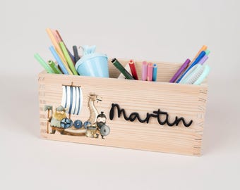 Personalized Viking-themed pen holder, wooden and acrylic desk organizer with name, perfect for starting school, a gift for a schoolchild with a school cone.