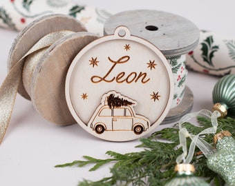 Personalized wooden pendant car with Christmas tree, Christmas tree pendant, wooden Christmas ball