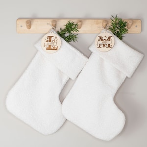 Santa boot with wooden pendant, Santa stocking teddy, Boucle Christmas stocking, Personalized Christmas sock, Christmas gifts