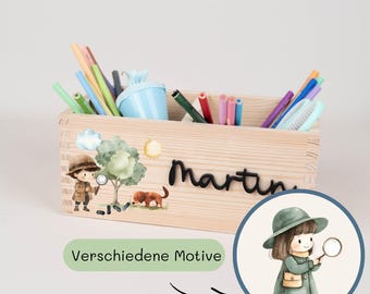 Personalized Detective Pen Holder, Wooden and Acrylic Desk Organizer with Name, First Day of School for Girls, School Gift for Boys