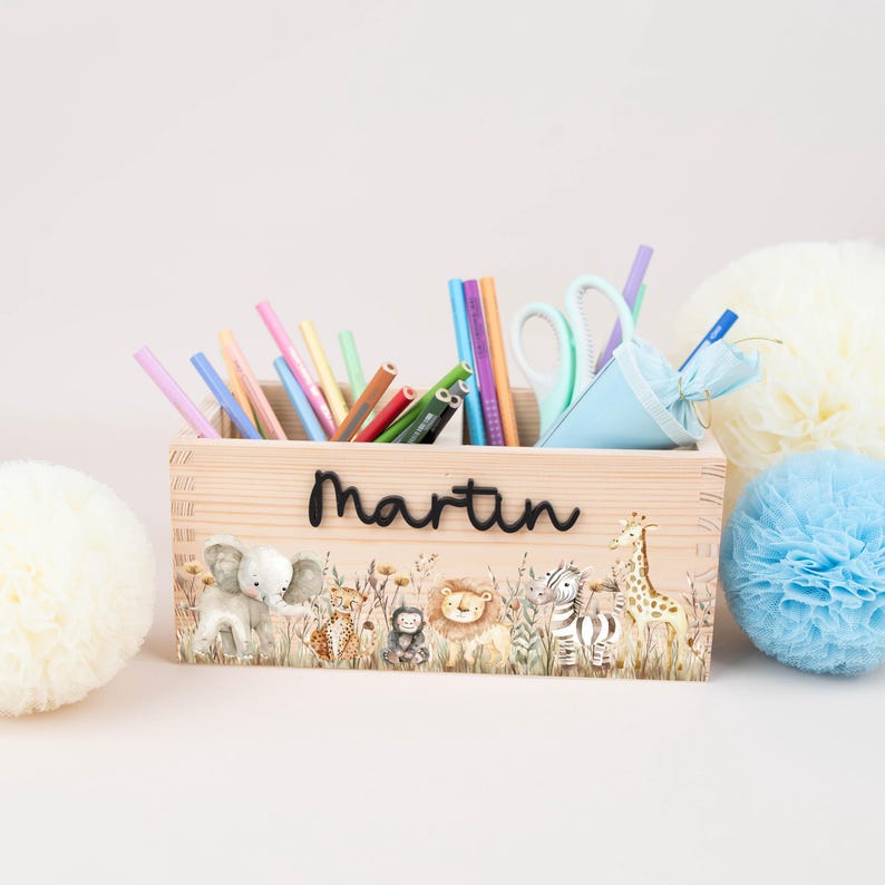 Personalized pen holder, wooden desk organizer with acrylic name, pen cup for starting school, school cone gift for schoolchildren, girls Safari