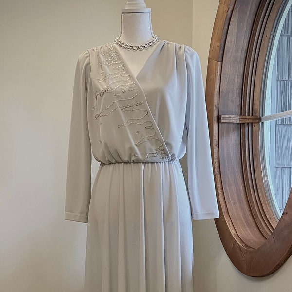 VTG Pale Blue/Grey Beaded Bodice, Evening Gown, Mother-of-Bride Gown, Feminine Styling Floor Length Formal Dress