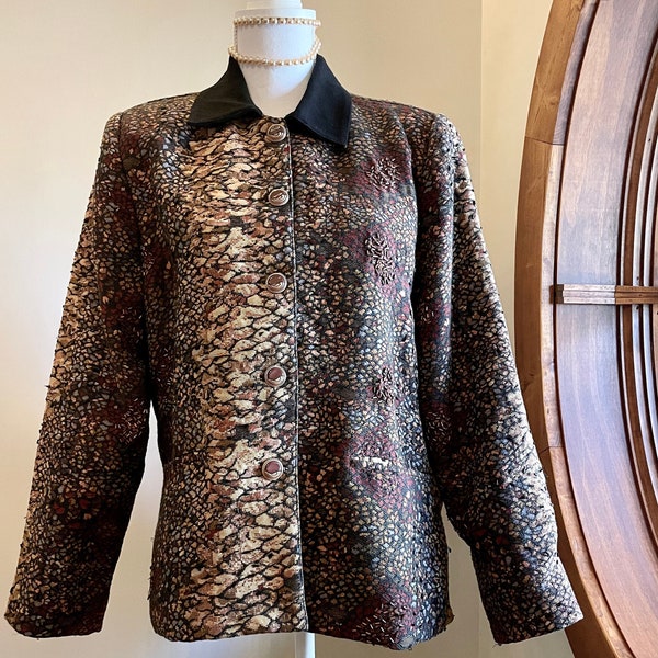 VTG Carol Trotta Brand, Beaded, Button Front Tapestry Jacket, Evening Wear, Pair with black/gold shimmery evening clutch YOU CHOOSE