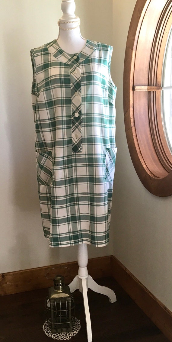 VTG Green/Cream c1950s Plaid, Button Front Casual,
