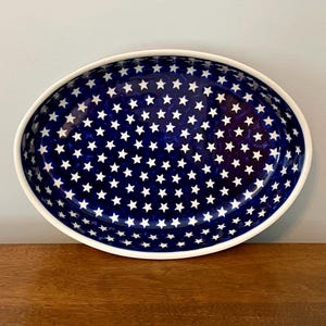 VINTAGE Large Oval, Polish Pottery Baking Dish, Stars Pattern