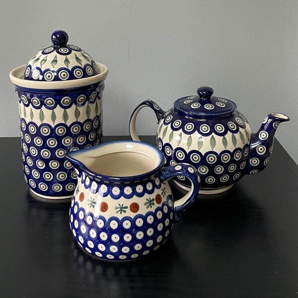 VTG Boleslawiec, Hand-made Polish Pottery, Your CHOICE: Peacock Leaves Pattern Canister & Teapot, Mosquito Pattern Milk Pitcher.