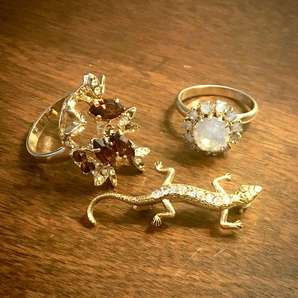 Choose 1 or All: VTG Rhinestone Smokey Topaz Ring, Iridescent Opal Ring, Gold-tone/Rhinestones Geko Sweater Pin "1928", Retro, MOD, c1980s