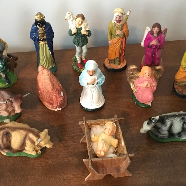 VTG c1980s NATIVITY, CRECHE, Figurines Mexico & Italy made, Chalk-ware or other composite material