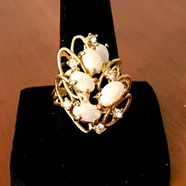 VTG 18 KT H.G.E. Faux Opal and  Rhinestone Cocktail Statement Ring