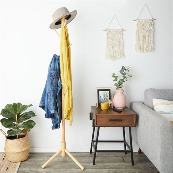 ECO Bamboo Wooden Coat Rack Tree with 6 Hooks Free Standing Wooden Coat Rack, Easy Assembly Hallway, Entryway Coat Hanger Stand for Clothes