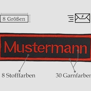 Könnte beinhalten: Roter gestickter Aufnäher mit schwarzem Hintergrund und dem Text "Mustermann". Der Aufnäher ist in 8 Größen und 30 Garnfarben erhältlich.