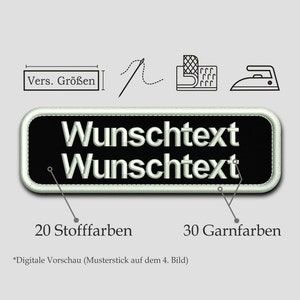 Könnte beinhalten: Schwarzer gestickter Patch mit weißem Text, der zweimal "Wunschtext" lautet. Der Patch wird mit Nadel und Faden, einem Stück Stoff und einem Bügeleisen gezeigt. Der Text "20 Stofffarben" und "30 Garnfarben" ist ebenfalls unter dem Patch zu sehen.