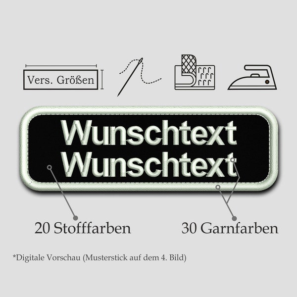 Namensschild gestickt bestickt mit Wunschtext 2-Zeilen / Aufnäher / Aufbügler / mit Klett / Köperstoff / mit abgerundeten Ecken