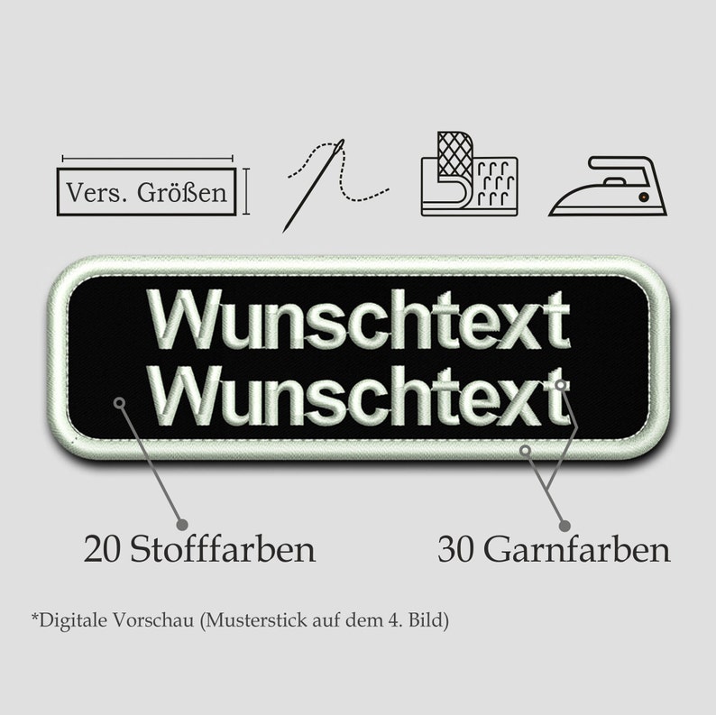 Namensschild gestickt bestickt mit Wunschtext 2-Zeilen / Aufnäher / Aufbügler / mit Klett / Köperstoff / mit abgerundeten Ecken Bild 1