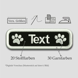 Namensschild gestickt mit Wunschtext  / Aufnäher / Aufbügler / mit Klett / Köperstoff / Patch mit Hundepfote