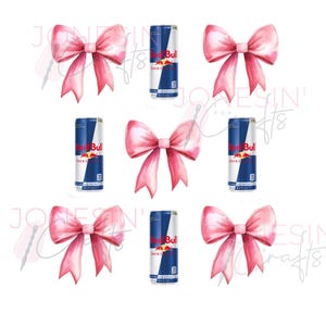May include: Six pink bows with a blue and silver Red Bull energy drink can in the center of each bow.