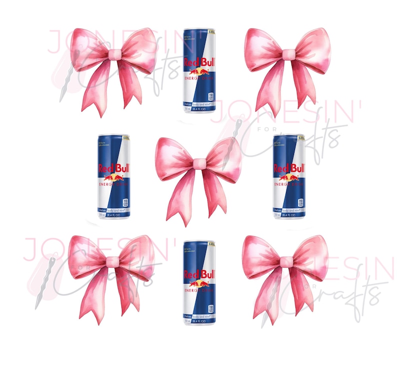 May include: Six pink bows with a blue and silver Red Bull energy drink can in the center of each bow.