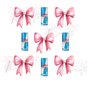 May include: Six red and blue Red Bull Sugarfree energy drink cans with pink watercolor bows on a white background.