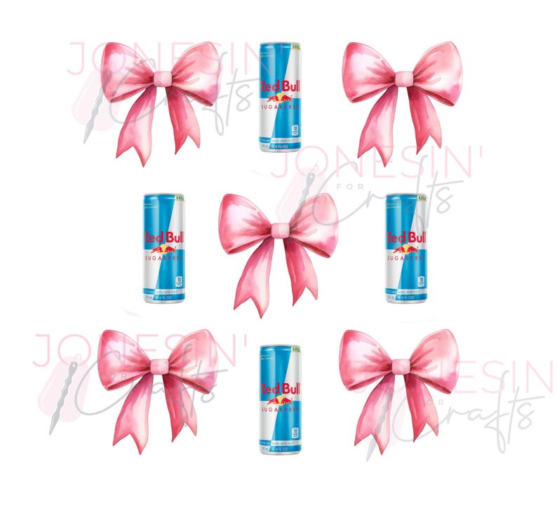 May include: Six red and blue Red Bull Sugarfree energy drink cans with pink watercolor bows on a white background.