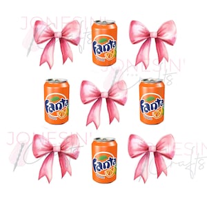 May include: An arrangement of orange Fanta soda cans and pink watercolor bows on a white background. The Fanta cans have a logo with the word "Fanta" in blue and an orange slice graphic. The bows are a soft pink color.